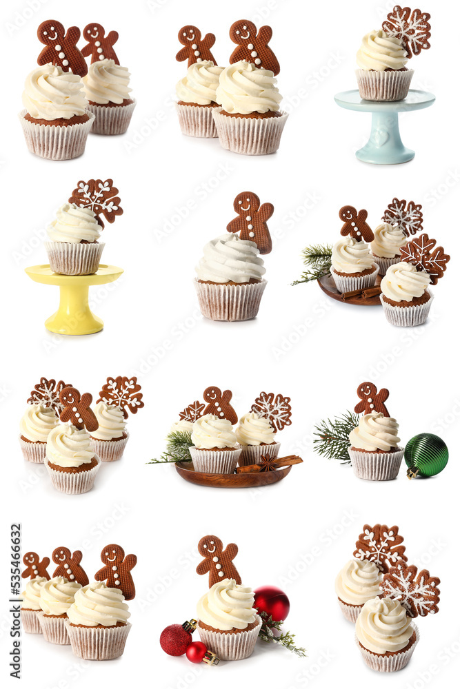 Set of tasty Christmas cupcakes with gingerbread cookies on white background Set of tasty Christmas cupcakes with gingerbread cookies on white background