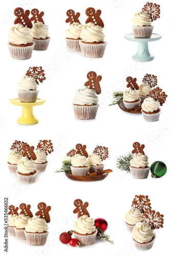 Set of tasty Christmas cupcakes with gingerbread cookies on white background