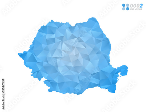 Romania map blue polygon triangle mosaic with white background. Vector style gradient.
