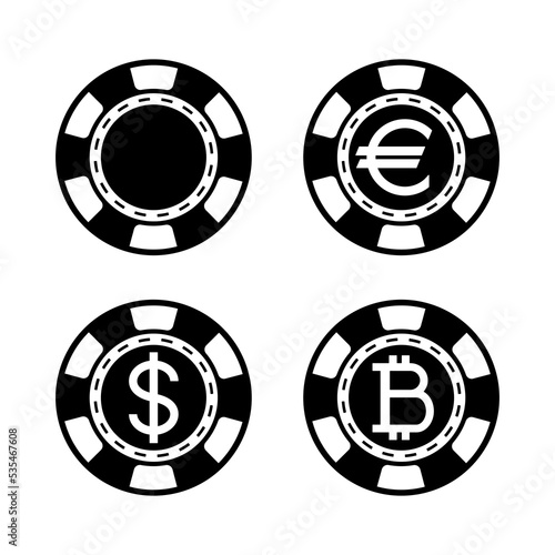 Chip vector icon isolated on white background.Poker chips vector set. Dollar, euro, bitcoin symbol. Casino chips.