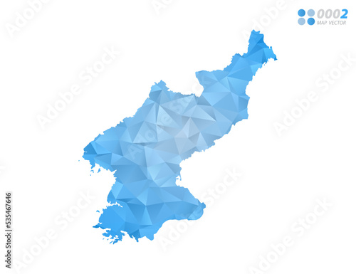 North Korea map blue polygon triangle mosaic with white background. Vector style gradient.