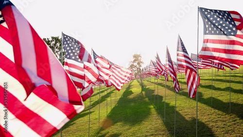 View on American USA flags waving in the wind against sunset in nature outdoor background. Concept of 4th of July, Memorial Day, Independence Day, September 09,11,2001. High quality 4k footage