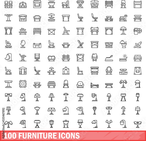 100 furniture icons set. Outline illustration of 100 furniture icons vector set isolated on white background