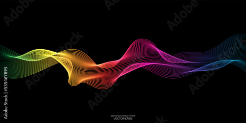 Vector wave lines flowing dynamic in colorful isolated on black background for concept of AI technology, digital, communication, science, music