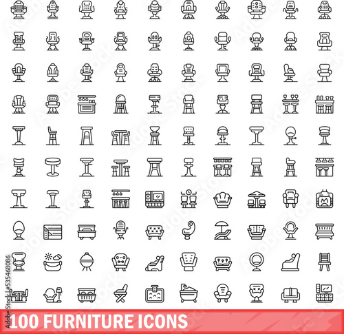 100 furniture icons set. Outline illustration of 100 furniture icons vector set isolated on white background