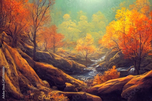 Forest cave scene in the mountains in autumn. High quality illustration