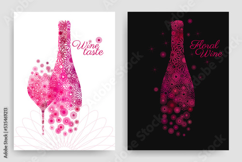 Wine glass and bottle with flower drawing. Aromatic and floral wine concept