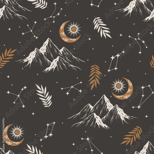 Seamless pattern with mountains in scandinavian style. Decorative background with landscape. Hand drawn ornaments.