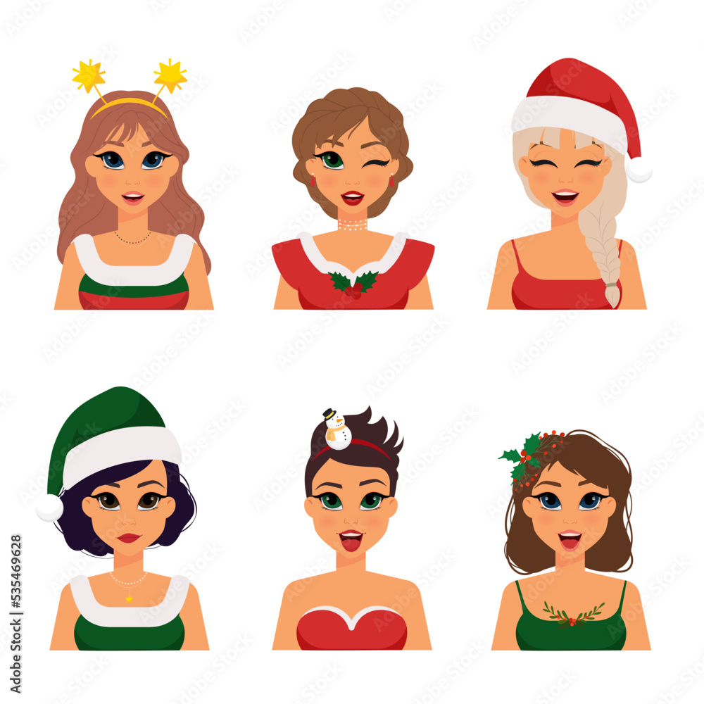 Christmas female emotions - Collection of women with hairbands, hats and Christmas costumes - vector, illustration Christmas female emotions - Collection of women with hairbands, hats and Christmas costumes - vector, illustration