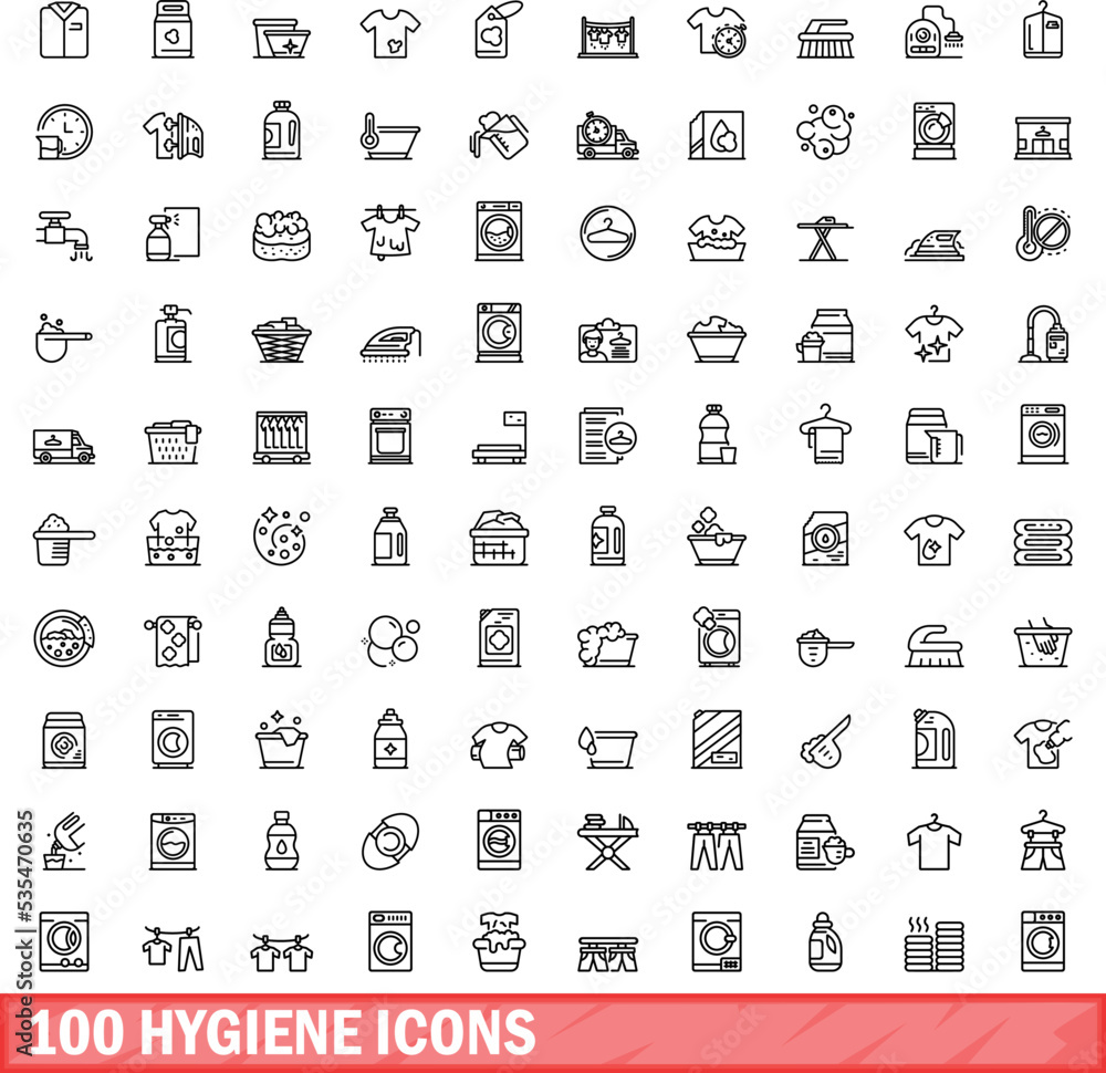 100 hygiene icons set. Outline illustration of 100 hygiene icons vector set isolated on white background 100 hygiene icons set. Outline illustration of 100 hygiene icons vector set isolated on white background