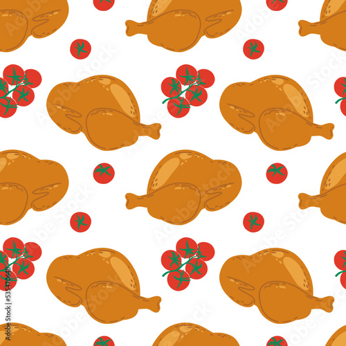 Seamless pattern with roasted turkey, chicken and tomatoes. Thanksgiving holiday table symbol. Beautiful thanksgiving, great design for any purpose.