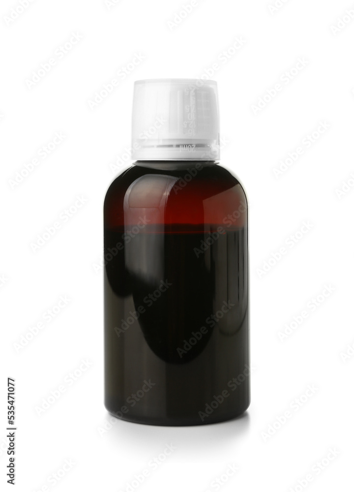 Cough syrup in dark bottle on white background Cough syrup in dark bottle on white background