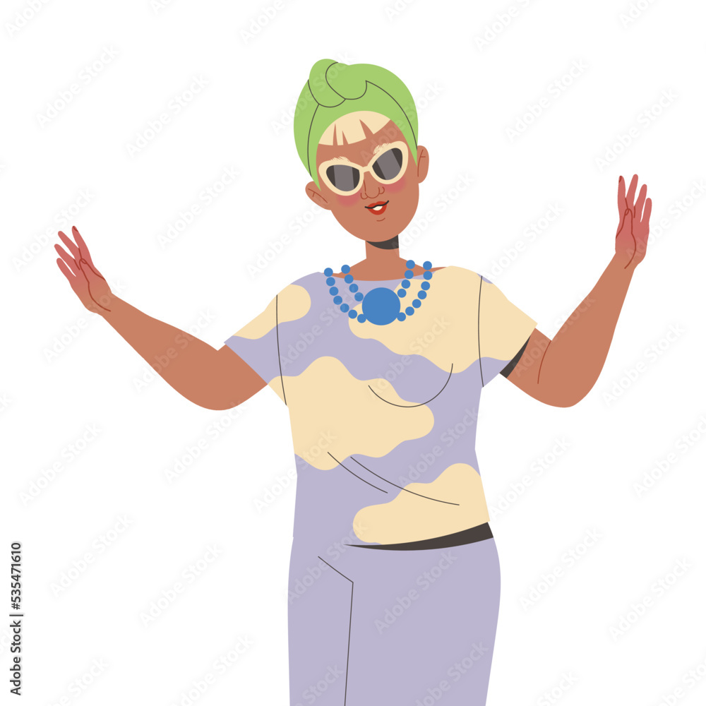 Woman Pensioner Character in Glasses Dancing to Music Engaged in Hobby Activity on Retirement Vector Illustration