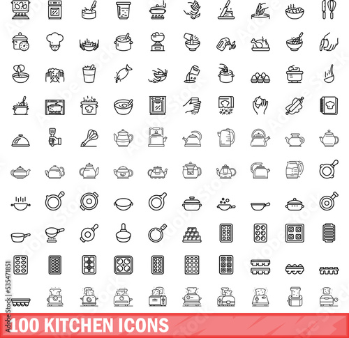 100 kitchen icons set. Outline illustration of 100 kitchen icons vector set isolated on white background