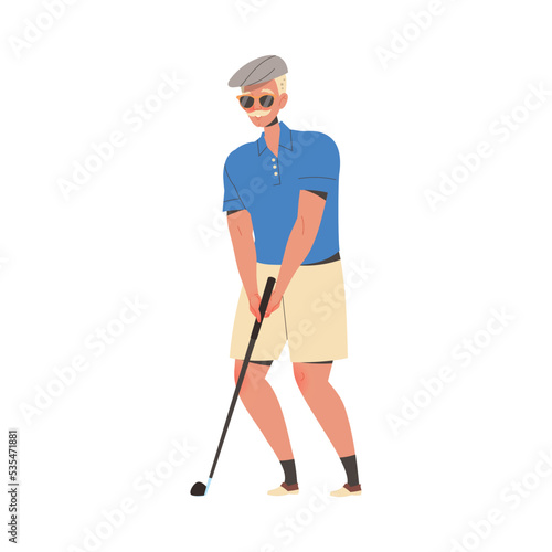 Man Pensioner Character in Glasses with Club Playing Golf Engaged in Hobby Activity on Retirement Vector Illustration