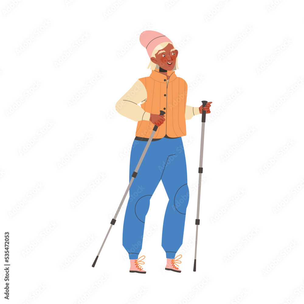 Woman Pensioner Character Pole Walking Engaged in Sport Hobby Activity on Retirement Vector Illustration Woman Pensioner Character Pole Walking Engaged in Sport Hobby Activity on Retirement Vector Illustration