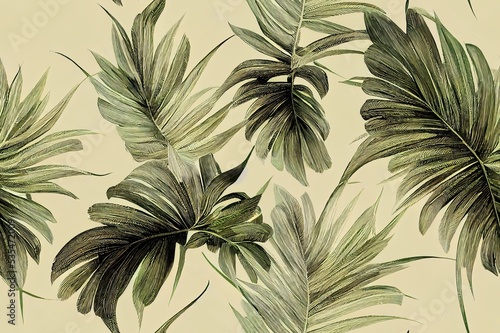 Fan palm tropical leaves on the light background. Seamless pattern with tropical plants. Hand Drawn textures. Ideal for web, card, poster, cover, invitation, brochure. Isolated. Vintage.. High quality