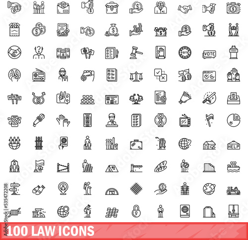 100 law icons set. Outline illustration of 100 law icons vector set isolated on white background