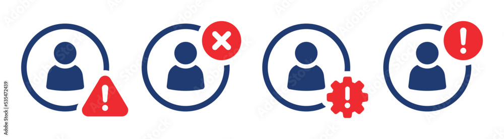 Fake account icon set. Invalid user profile symbol. Warning, alert and issue user icon. Vector illustration. - obrazy, fototapety, plakaty 