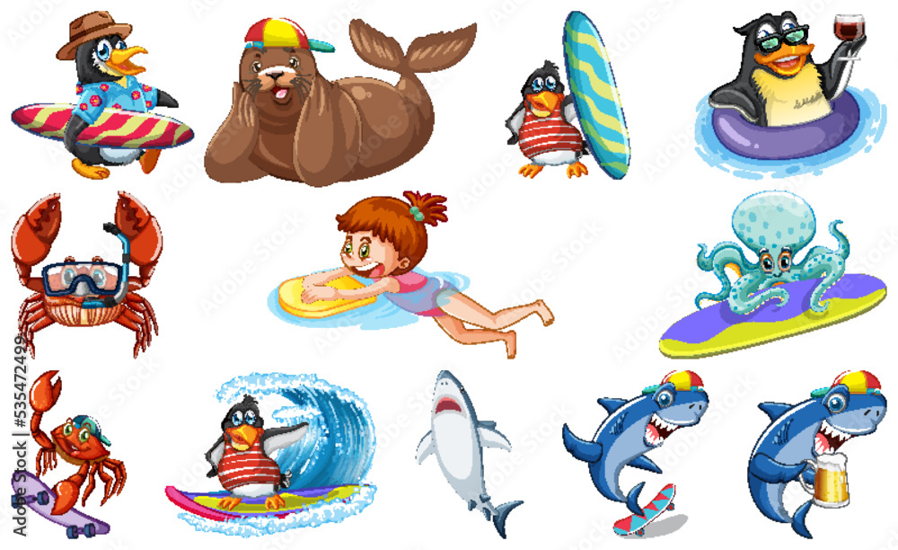 Set of various sea animals cartoon characters Set of various sea animals cartoon characters