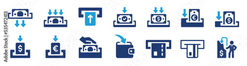 Deposit money icon set. Deposit cash from atm machine icon. Banking and transaction symbol solid design.