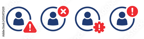 Fake account icon set. Invalid user profile symbol. Warning, alert and issue user icon. Vector illustration.