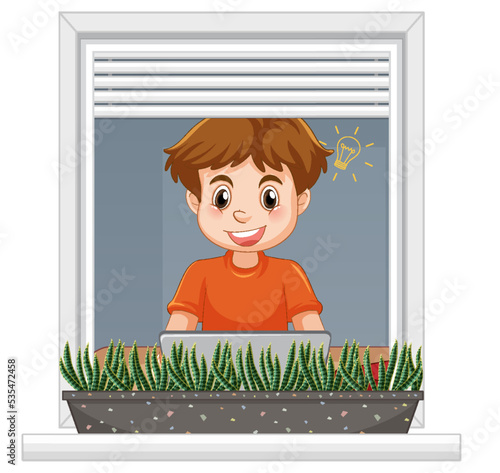 View through the window of a girl browsing internet