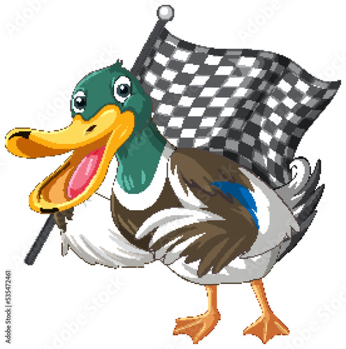 Cartoon duck holding chequered flag