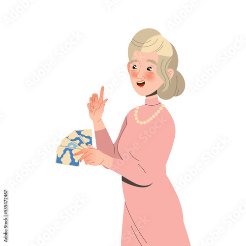 Woman Pensioner Character Playing Cards Game Engaged in Hobby Activity on Retirement Vector Illustration