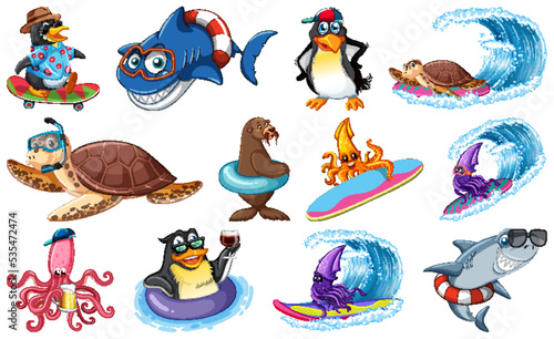 Set of various sea animals cartoon characters