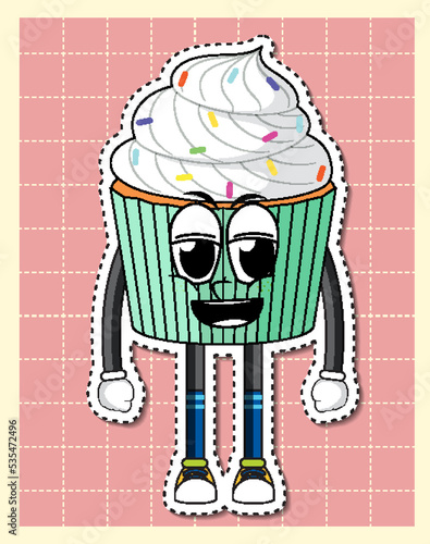 Cute cupcake cartoon character on grid background