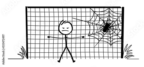 Cartoon stickman with goal net or football net, wait for the ball. Stick figure man with soccer ball. Funny vector sport icon. World wk, ek sport finale game cup. Cobweb, spider.  halloween party.