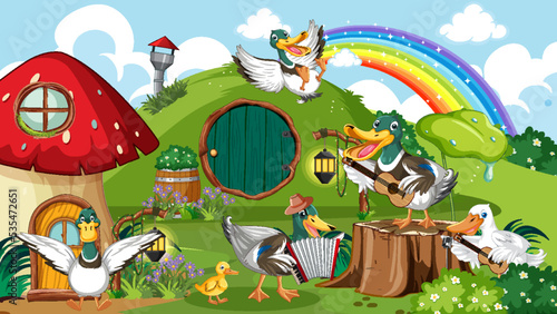 Outdoor scene with cartoon ducks