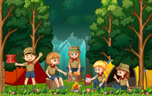 Outdoor camping with scout kids