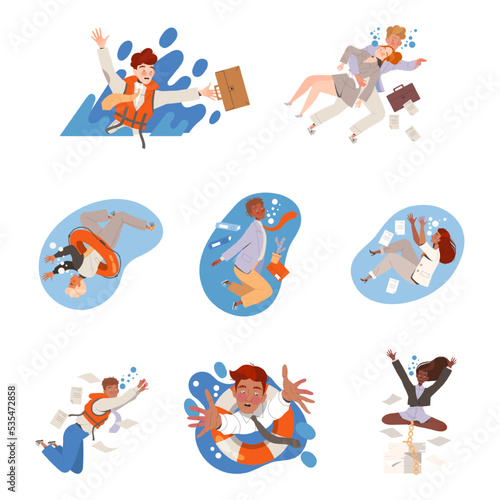 People Character in Office Clothes Drowning Trying to Escape Vector Set
