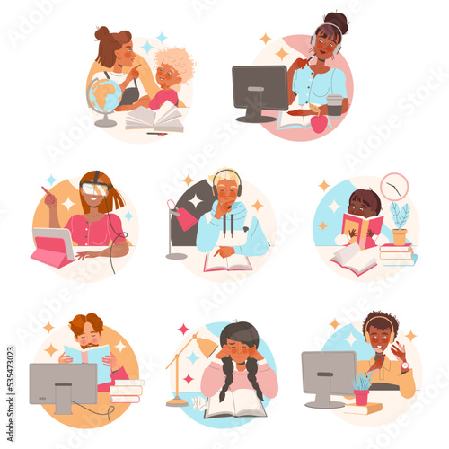 Learning People Character Sitting at Desk with Book and Computer Studying and Gaining Knowledge Vector Set