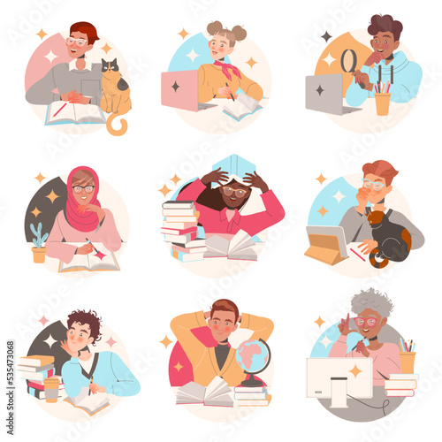 Learning People Character Sitting at Desk with Book and Laptop Studying and Gaining Knowledge Vector Set