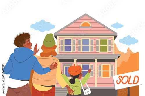 Happy People Character Buying Real Estate and Residential House Vector Illustration