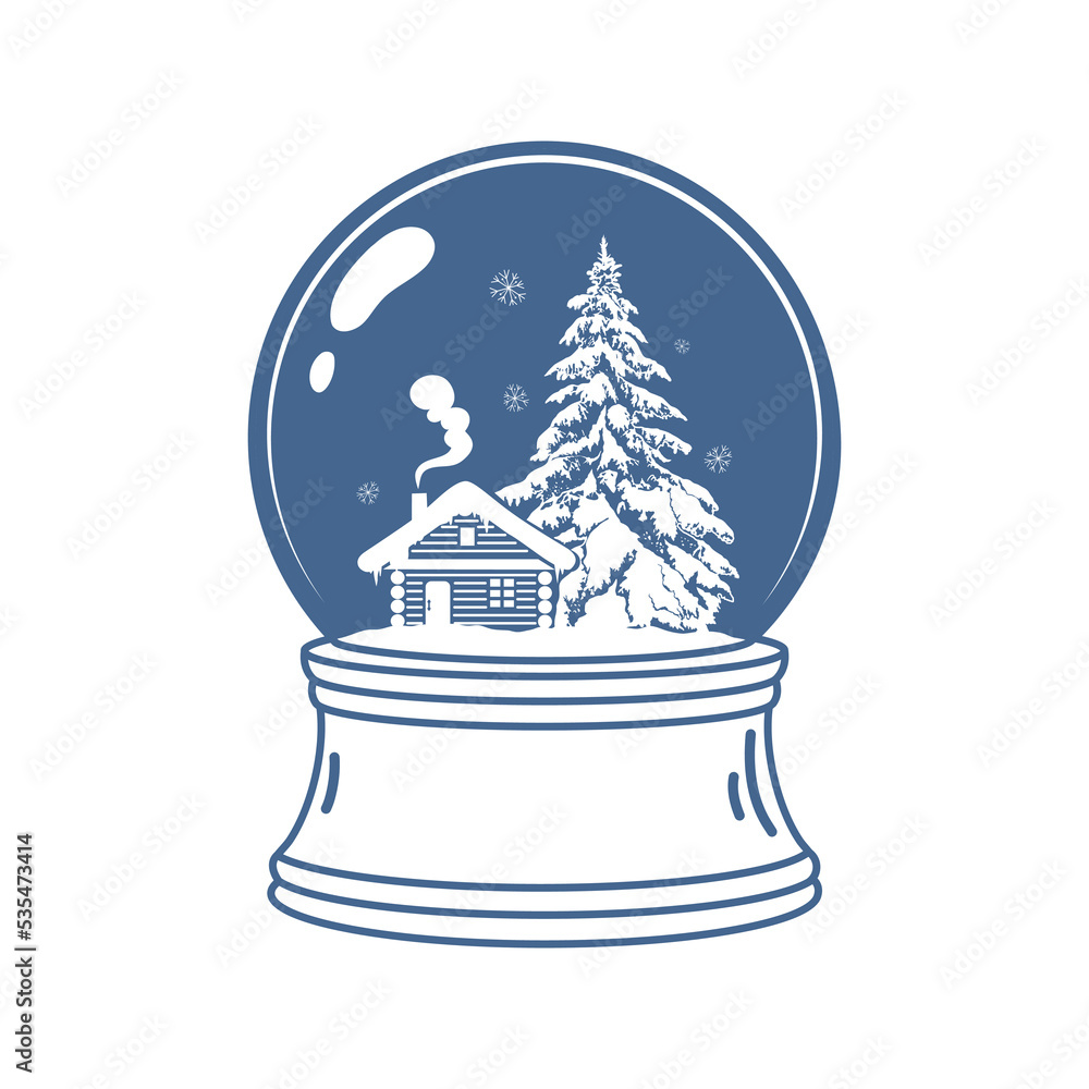 .Christmas snow globe with home and tree inside. Blue isolated silhouette on a white background. .Vector illustration .Christmas snow globe with home and tree inside. Blue isolated silhouette on a white background. .Vector illustration