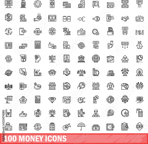 100 money icons set. Outline illustration of 100 money icons vector set isolated on white background