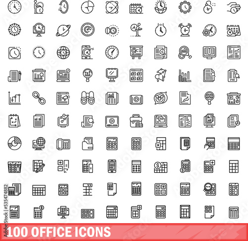 100 office icons set. Outline illustration of 100 office icons vector set isolated on white background