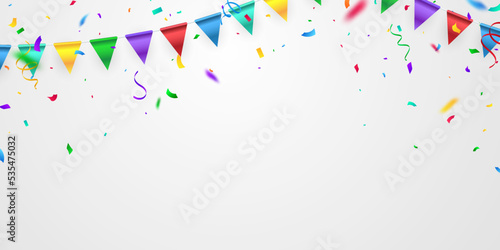 colorful confetti background with party flags celebration party design vector illustration