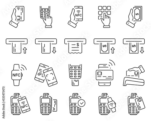 Cashless Wireless Pay Transaction by NFC Technology Line Icon Set. Contactless Payment by Mobile Phone, Credit Card on POS. ATM Money Withdraw Icon. Editable Stroke. Isolated Vector Illustration