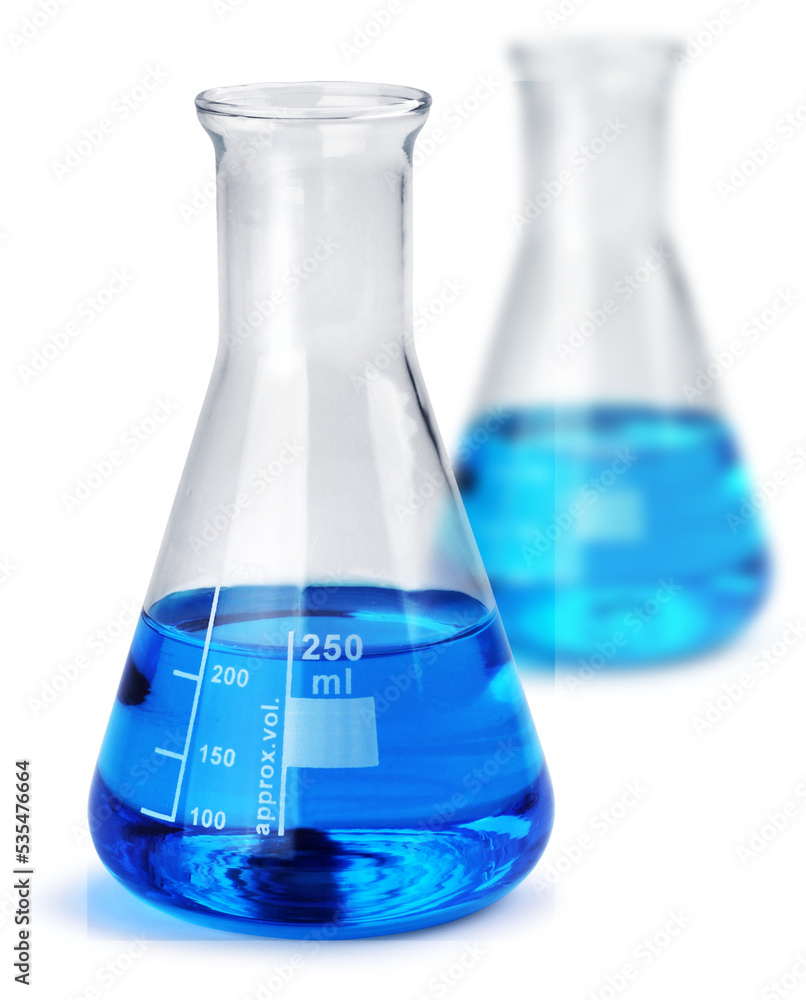 Two labotatory test glass container beakers with blue liquid test samples isolated, minimum shadow Two labotatory test glass container beakers with blue liquid test samples isolated, minimum shadow