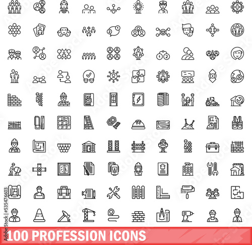 100 profession icons set. Outline illustration of 100 profession icons vector set isolated on white background