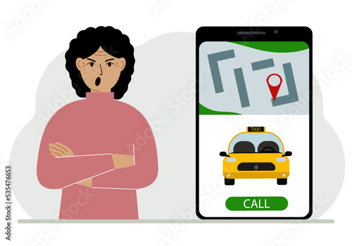 A woman next to a large smartphone on the screen which has a taxi and geolocation. The concept of a mobile taxi application or ordering a taxi online.