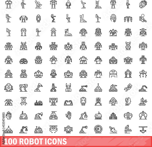 100 robot icons set. Outline illustration of 100 robot icons vector set isolated on white background