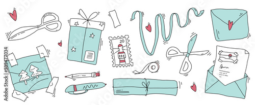 Gift wrapping. Collection of envelopes, gift boxes and postcards vector flat illustration. Set of various craft paper letters, stationery and handmade cards isolated.