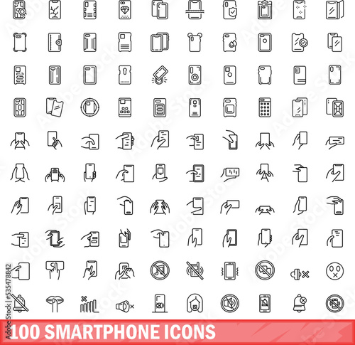 100 smartphone icons set. Outline illustration of 100 smartphone icons vector set isolated on white background