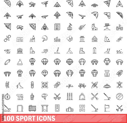 100 sport icons set. Outline illustration of 100 sport icons vector set isolated on white background